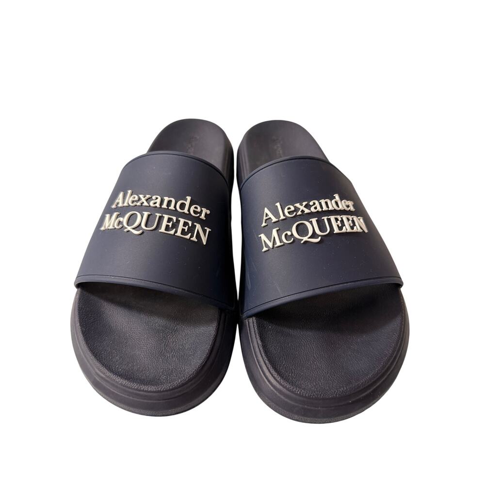 Alexander McQueen Navy Logo Rubber Slides Sandals Unisex Size 10